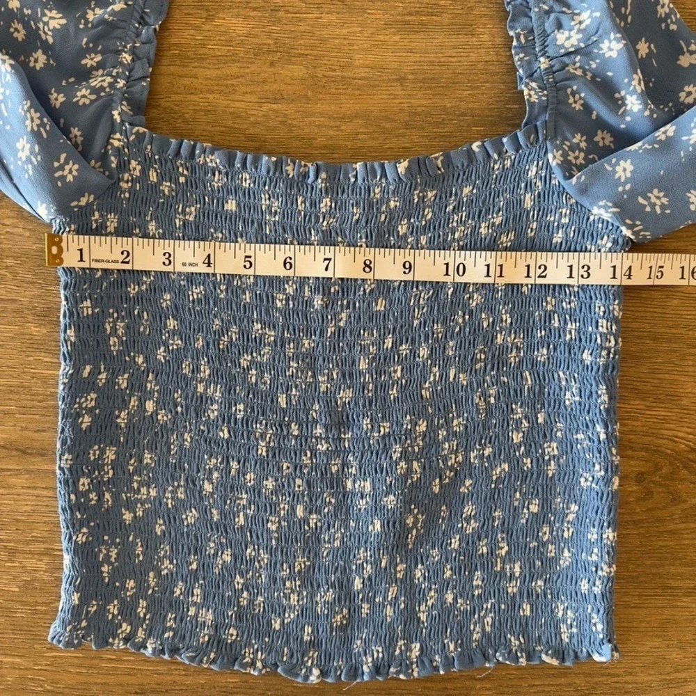 Reformation Pinto Top-Lassen Blue Floral-Smocked Georgette Long Sleeve Blouse-M
